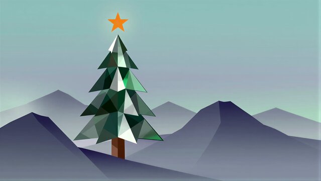Stylized green pine trees with a bright orange star in a soft landscape