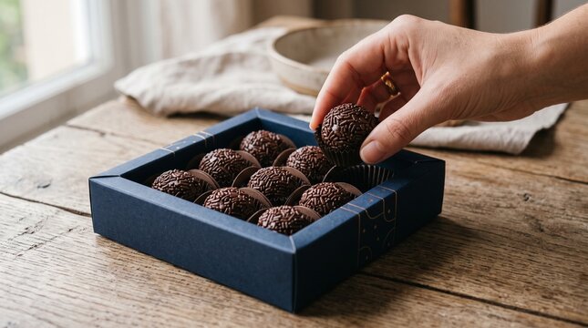 Hand reaching for a chocolate truffle covered in sprinkles from a dark blue gift box on a wooden table