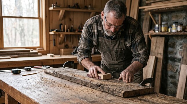 Experienced craftsman meticulously sanding a weathered wooden plank in a rustic workshop setting