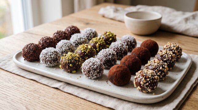 Assortment of gourmet chocolate truffles with various toppings including nuts coconut and cocoa powder