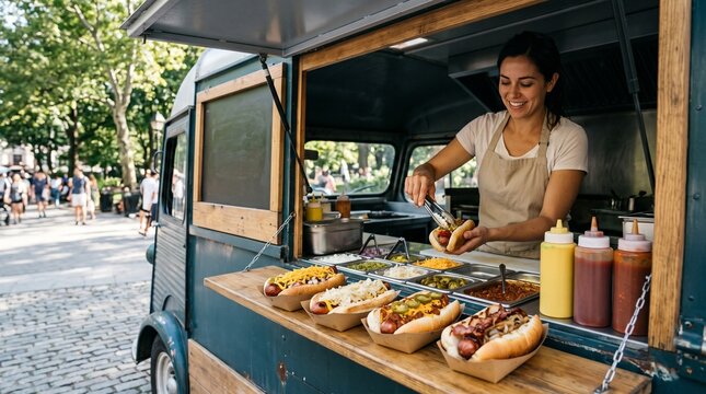 Smiling woman preparing hot dogs at a food truck in a park with people walking in the background