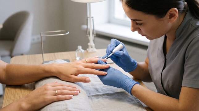 Professional manicurist applying clear nail polish to a client's fingernails with blue gloves in a salon setting