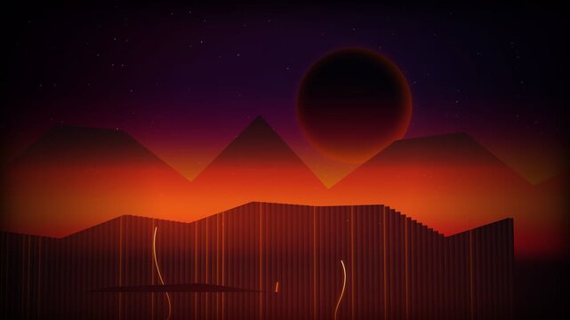 Retro synthwave landscape animation looping background featuring glowing orange digital pyramids, dark eclipse moon, and animated neon bars creating an atmospheric 80s retrowave visual backdrop.