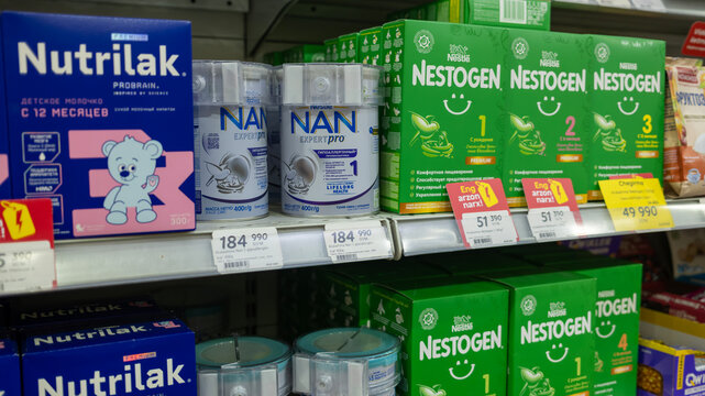 Tashkent, Uzbekistan &ndash; September 29, 2024: A supermarket shelf displays various baby formula brands including Nestogen, NAN, and Nutrilak.