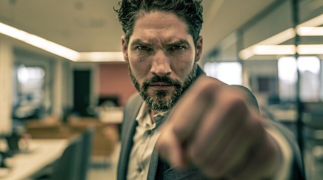 A businessman drives a powerful punch forward representing political rivalry, leadership ambition, and decisive strategic action.