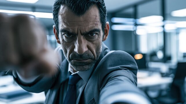 A businessman drives a powerful punch forward representing political rivalry, leadership ambition, and decisive strategic action.