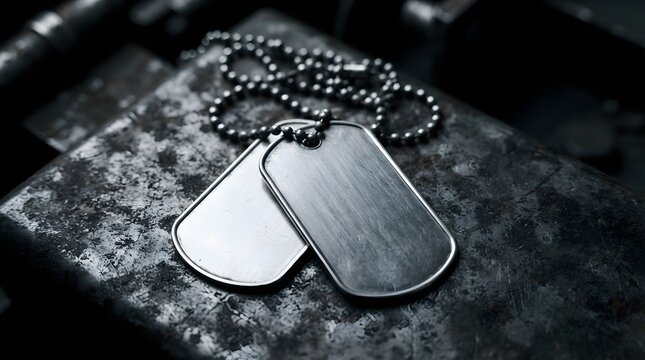 Close up of military dog tags resting on a textured camouflage background