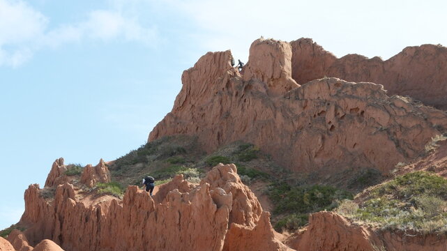 Skazka Canyons or so called Fairytale Canyons Issyk-Kul region near the lake in drone point of view in kyrgyzstan