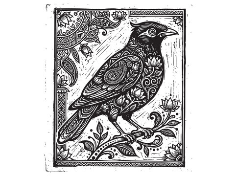 Vintage ornate bird illustration, intricate zentangle patterns, decorative floral frame, retro etching engraving style, artistic vector outline for tattoo or print