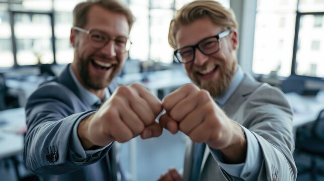 Business confrontation turns into positive competition as two confident professionals exchange powerful fists, symbolizing resilience, motivation, and shared ambition.