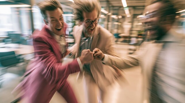 Business confrontation turns into positive competition as two confident professionals exchange powerful fists, symbolizing resilience, motivation, and shared ambition.