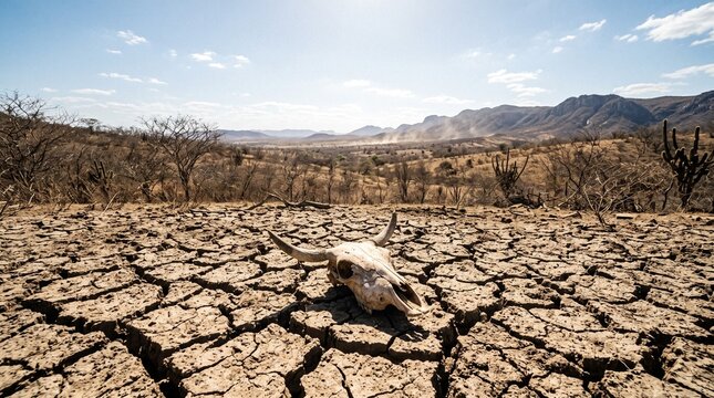 Caveira de boi no ch&atilde;o rachado pela seca extrema, paisagem de caatinga com cactos e montanhas, conceito de desertifica&ccedil;&atilde;o e mudan&ccedil;as clim&aacute;ticas no Brasil