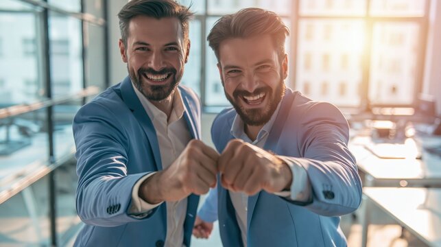 Business confrontation turns into positive competition as two confident professionals exchange powerful fists, symbolizing resilience, motivation, and shared ambition.