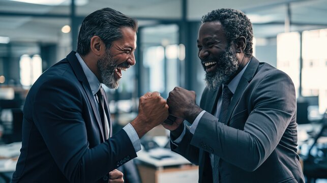 Business confrontation turns into positive competition as two confident professionals exchange powerful fists, symbolizing resilience, motivation, and shared ambition.