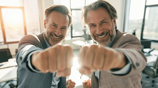 Business confrontation turns into positive competition as two confident professionals exchange powerful fists, symbolizing resilience, motivation, and shared ambition.