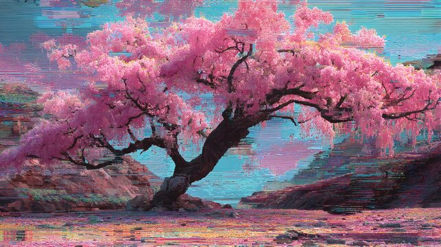 glitch art cherry blossom tree digital landscape