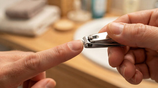 Macro shot human fingers using silver metal nail clipper tool fingernail personal grooming routine basic body hygiene care concept domestic cosmetic treatment detailed view backdrop