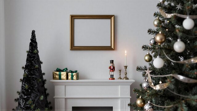 Christmas tree adorned with gold and white ornaments beside a festive fireplace mantel.