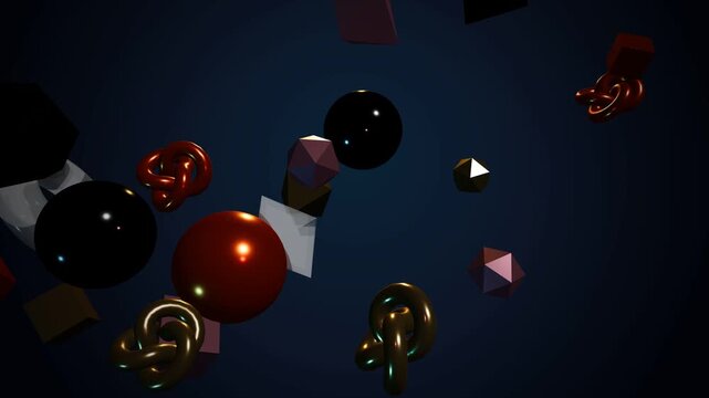 Abstract 3D geometric shapes, spheres, and metallic torus knots slowly float and rotate in a dark blue studio space, creating a modern, elegant, and cinematic motion graphics background video.
