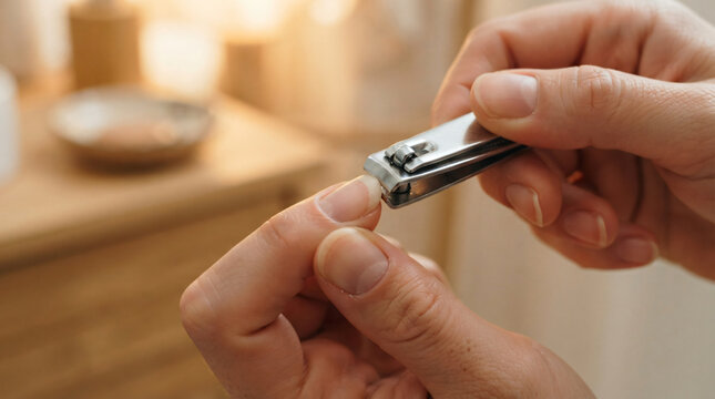 Macro shot human fingers using silver metal nail clipper tool fingernail personal grooming routine basic body hygiene care concept domestic cosmetic treatment detailed view backdrop
