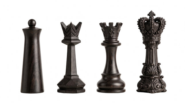 Set of four dark brown wooden chess pieces isolated on white background.