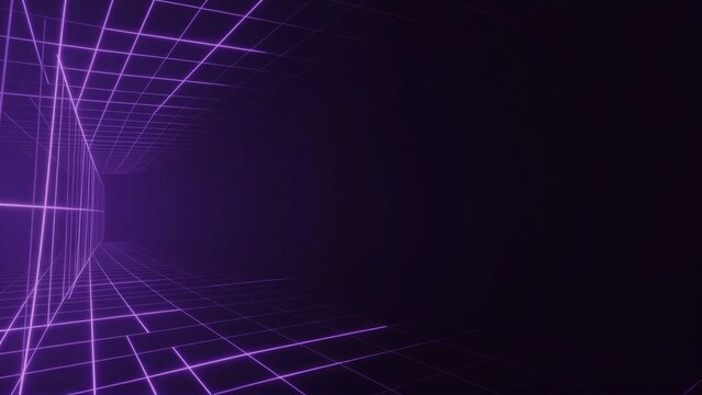Purple neon grid recedes into dark void, futuristic digital tunnel effect.