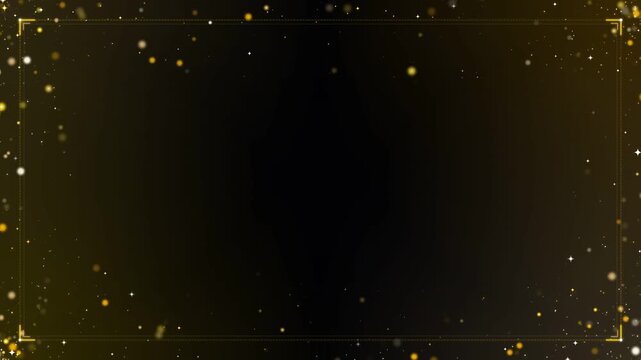 Elegant luxury golden glitter particles floating with a thin glowing frame border on dark background, loopable backdrop animation for awards ceremony, luxury wedding, and holiday promos.