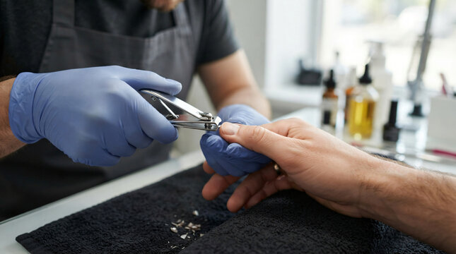 Close up professional master hand using metal clipper tool male fingernail gentleman cosmetic manicure procedure body hygiene maintenance concept treatment service salon background frame