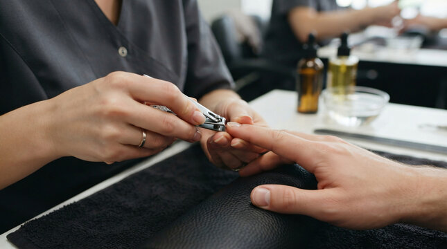 Close up professional master hand using metal clipper tool male fingernail gentleman cosmetic manicure procedure body hygiene maintenance concept treatment service salon background frame