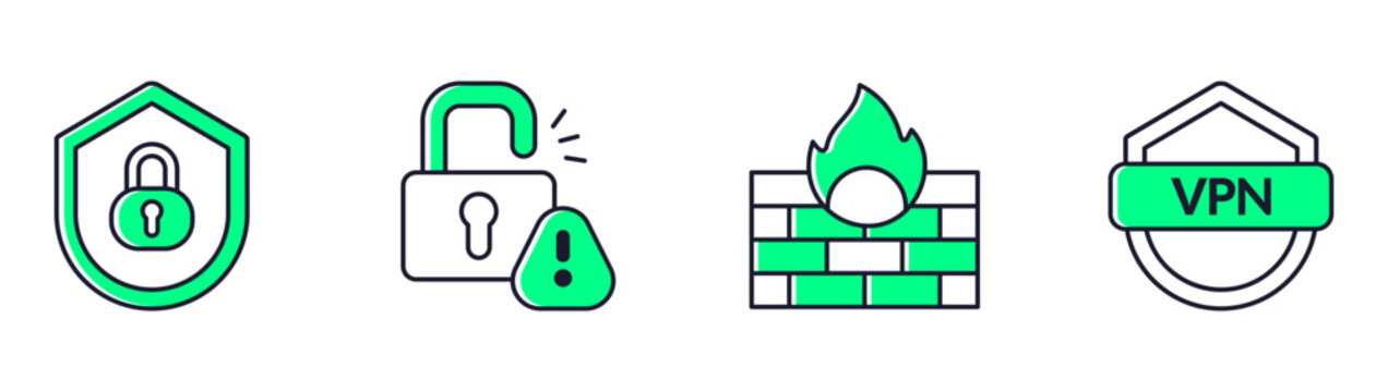 Privacy protection icon set collection featuring shield lock, padlock, firewall, VPN, secure connection, digital security vector illustration
