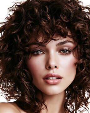 close-up beauty portrait of a glamorous 1980s woman with perfectly permed curly hair, tight bouncy curls framing the face,