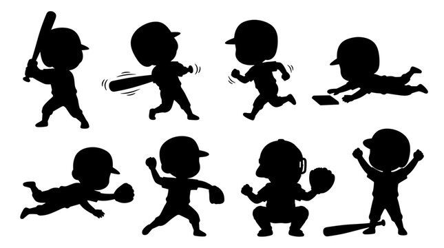 Set of baseball silhouettes featuring players in various action poses like batting, throwing, running, and sliding, perfect for sport branding