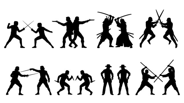 Set of black silhouettes of dueling figures with swords and weapons, dynamic fighting poses for combat sports, martial arts, action games, strategy