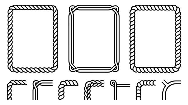 Set of black linear frame borders and decorative corner elements, rope texture and geometric patterns for page layout, invitation, wedding stationary