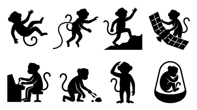 Set of black monkey silhouettes in various actions, climbing, sitting, space travel, playing music, primitive style icons for digital design
