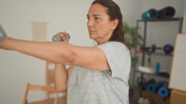Woman lifting gray dumbbells with raised forearms and focused gaze performing shoulder raises in a home fitness studio; determination wellness.