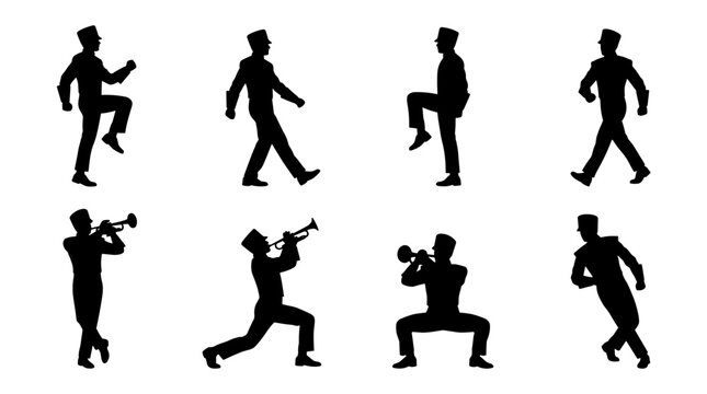Set of silhouettes of marching band musicians performing various steps and playing trumpets, black shapes isolated on white, music festival event