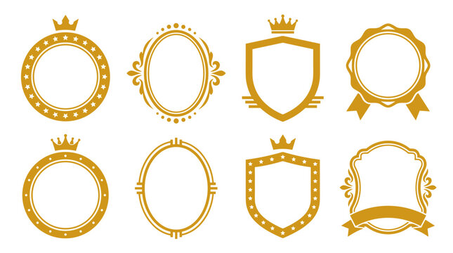 Set of golden vintage decorative frames and heraldic shields, ornate crests with crowns and ribbons for luxury branding, certificate or royal emblem