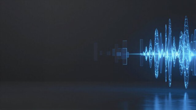 Blue digital audio waves pulse against a dark, reflective background.