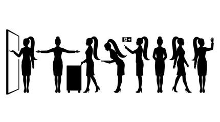 Obraz premium Set of black female silhouettes with diverse poses and hairstyles for fashion illustration, business presentation, vector collection