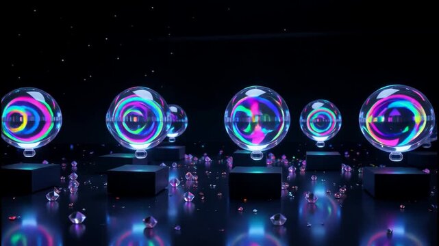 Neon-lit transparent spheres with colorful light patterns displayed on black pedestals in a dark studio with scattered gemstones and starry background