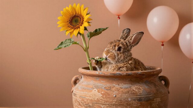 Cute bunny munching sunflower in terracotta pot with pink balloons floating nearby.