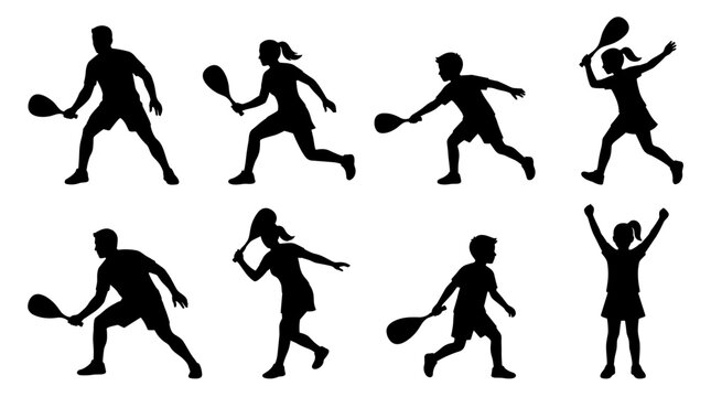 Set of squash player silhouettes in dynamic poses, athletic competition and healthy lifestyle, professional movement, racket sports action, vector