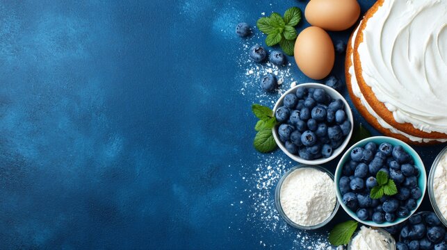 Blueberry dessert flat lay, cakes pastries ingredients, baking preparation concept, overhead composition