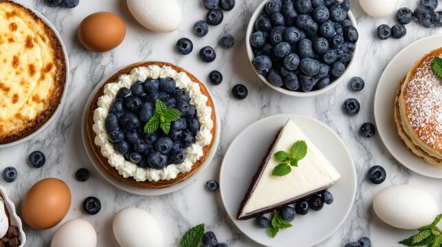 Blueberry dessert flat lay, cakes pastries ingredients, baking preparation concept, overhead composition