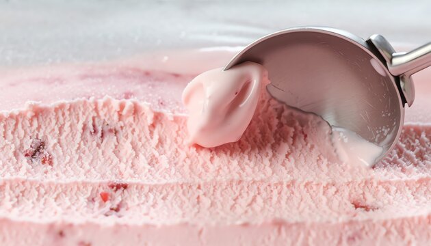 Creamy pink strawberry ice cream texture closeup, metal scoop, frozen dessert, sweet treat, refreshing, summer, pastel, delicious, smooth, soft.