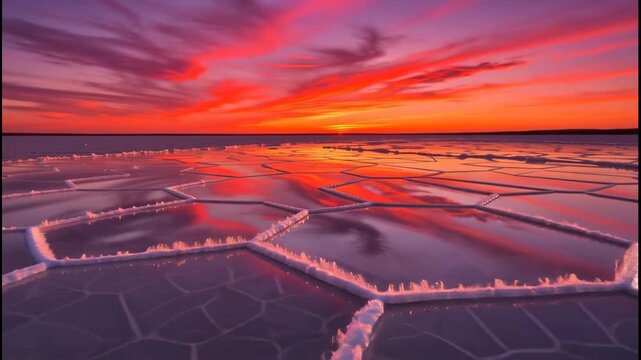 Vibrant sunset over hexagonal salt pans with reflective water and frosty edges