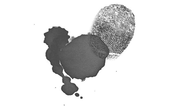 Fingerprint with grey ink splatter isolated on white