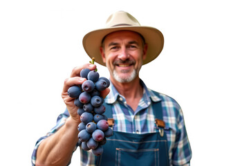 Obraz premium Farmer holds a bunch of ripe grapes