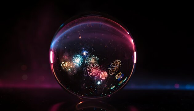 Magical firework reflections in sphere, glowing colors, surreal atmosphere, dark background, vibrant bursts, celebration, dreamy, festive, creative and modern visual style.